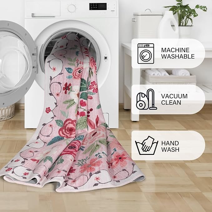 DUKINO 5x7 Area Rug, Nursery Floral Rugs for Living Room, Lightweight Non Slip Washable Rug, Indoor Low Pile & Non-Shedding Boho Design Rugs for Girls Bedroom, Kids Playroom, Dining Room, Pink