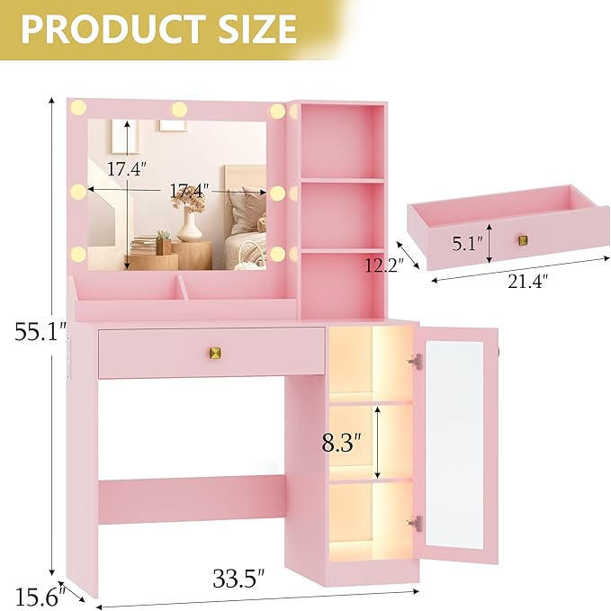 Vanity Desk with Mirror and Lights, Small Makeup Vanity Table with RGB Storage Cabinet & Power Strips & Shelves, 3 Lighting Modes & Adjustable Brightness, Dressing Table for Women Girls Bedroom, Pink