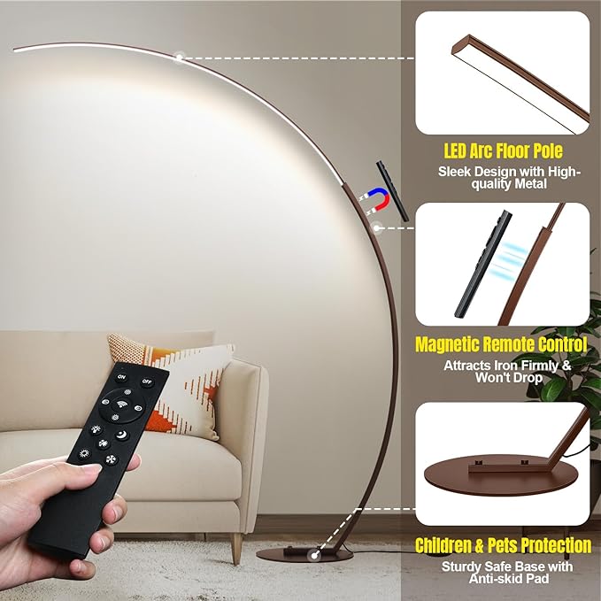 Dimmable LED Floor Lamp with 3 Color Temperatures, Ultra Bright 2000LM Brown Arc Floor Lamps for Living Room, Modern Standing Tall Lamp with Remote Control Reading Floor Lamp for Bedroom Office