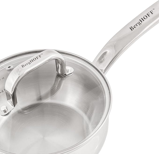 BergHOFF Belly Shape 18/10 Stainless Steel 8 Inches Saucepan 3.2qt., Glass Lid, Fast, Evenly Heat, Induction Cooktop Ready