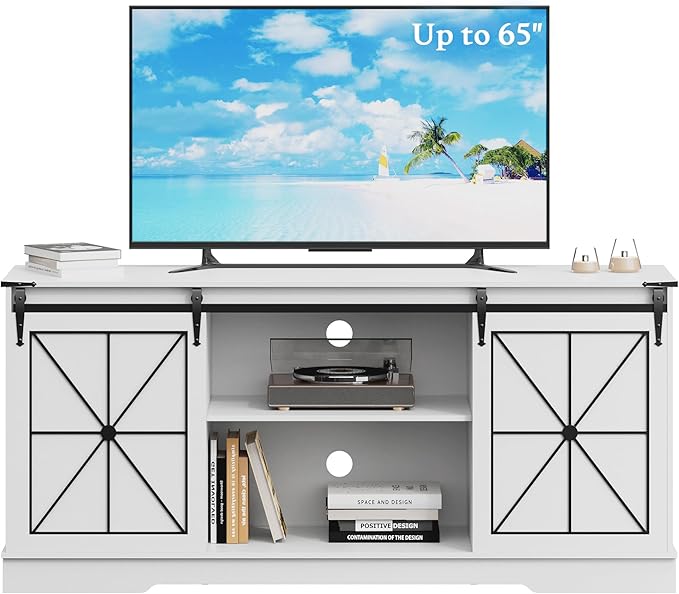 Farmhouse TV Stand for 55 60 65 Inch TV,Mid Century Modern TV Cabinet with Storage Sliding Barn Doors,Easy Assembly,Entertainment Center Console Table for Bedroom Living Room-White&Metal Black