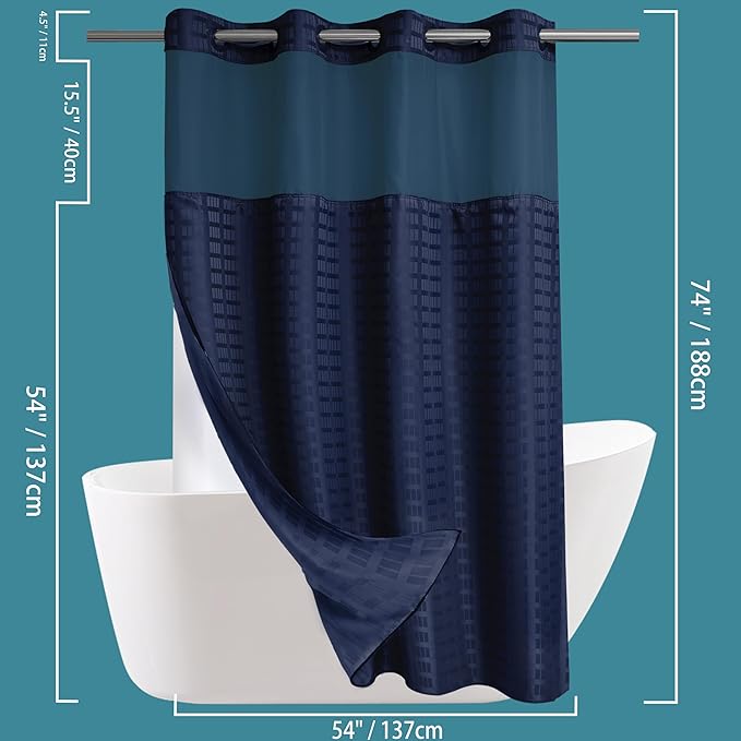 Conbo Mio Stall No Hook Shower Curtain with Snap in Liner Set, Hotel Luxury Navy Blue Shower Curtains for Bathroom with See Through Top Window, Waterproof, Washable 54W x 74H