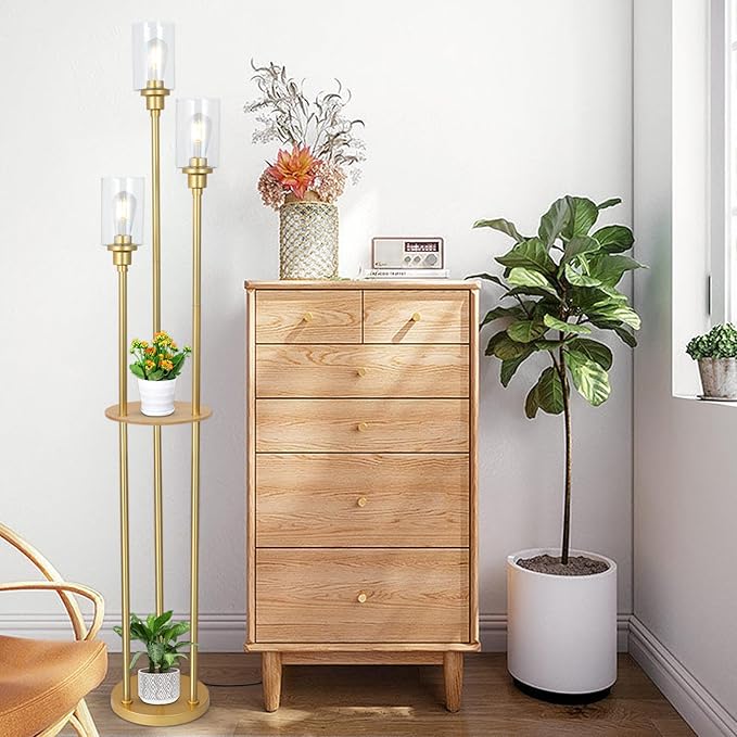 HMVPL Floor Lamps for Living Room, Gold Floor Lamp with Shelves, 3-Lights Modern Brass Standing Lamp with Glass Shades, On/Off Foot Switch, Mid Century Tall Lamp for Bedroom Corner Office(66")