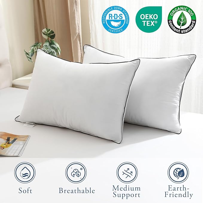 BPC Goose Feather Down Pillows Queen Size Set of 2, Luxury Hotel Bed Pillows, 100% Organic Cotton Cover, Soft Support Surround Fill Polyester, Medium Firm for Back, Stomach or Side Sleepers 20"x30"