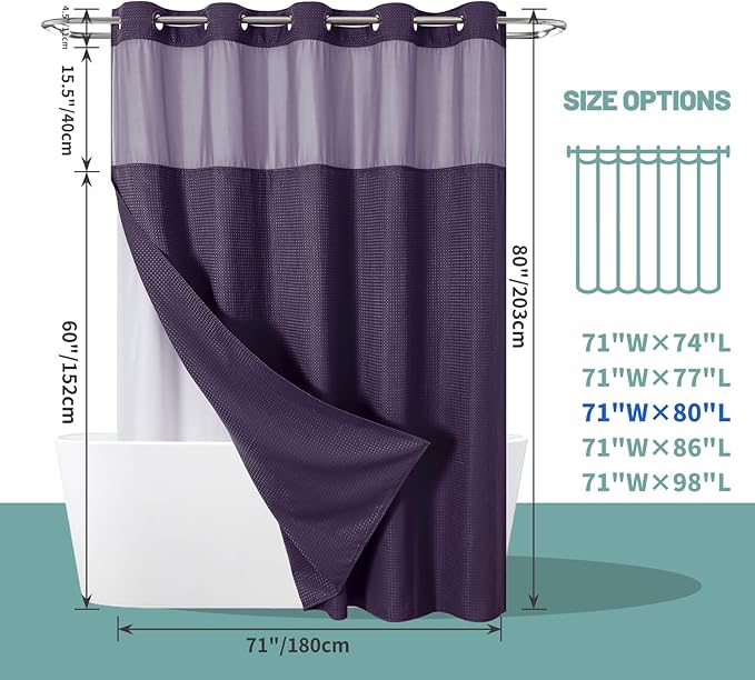 Purple Long No Hook Waffle Weave Shower Curtain with snap-in Liner Replacement, 230GSM Waterproof Fabric Hotel Shower Curtain Set for Bathroom, Through Mesh Top Window,71Wx80H