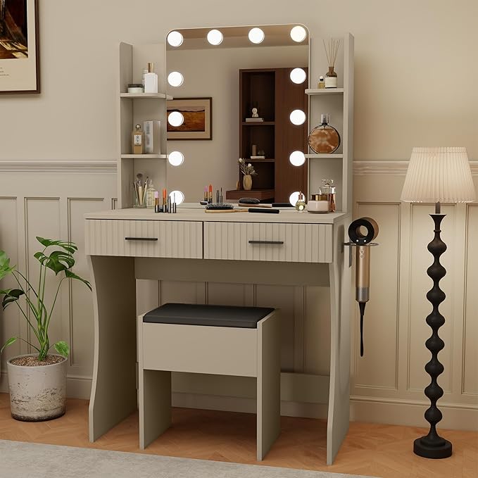 Small Vanity Desk with Mirror and Lights, Makeup Vanity Desk with 3 Color Modes Adjustable Bulb, 2 Large Drawers and 4 Open Storage Shelves, Gray Vanity with Charging Station for Bedroom