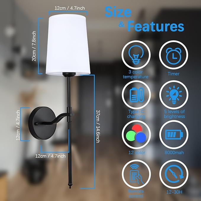 Wall Lights Battery Operated Wall Sconces Set of 2, Black Rechargeable Wall Sconce with 15 RGB Dimmable Detachable Bulbs and Remote, Wireless Battery Powered Wall Lamp for Living Room Bedroom