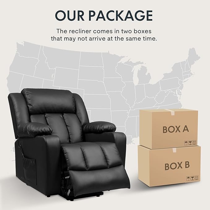 FLEXISPOT XL31 Power Lift Recliner Chair for Elderly, Electric Lift Chair with Massage & Heat, PU Leather Reclining Sofa w/Cup Holders, Side Pockets for Living Room Bedroom(Medium Size,Black)