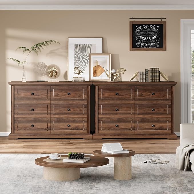 QUW Farmhouse 6 Drawer Dresser for Bedroom, 47" Wide Wood Chest of Drawers with Charging Station, Metal Handle, Modern Closet Clothes Storage Organizer for Living Room, Hallway, Entryway, Dark Walnut