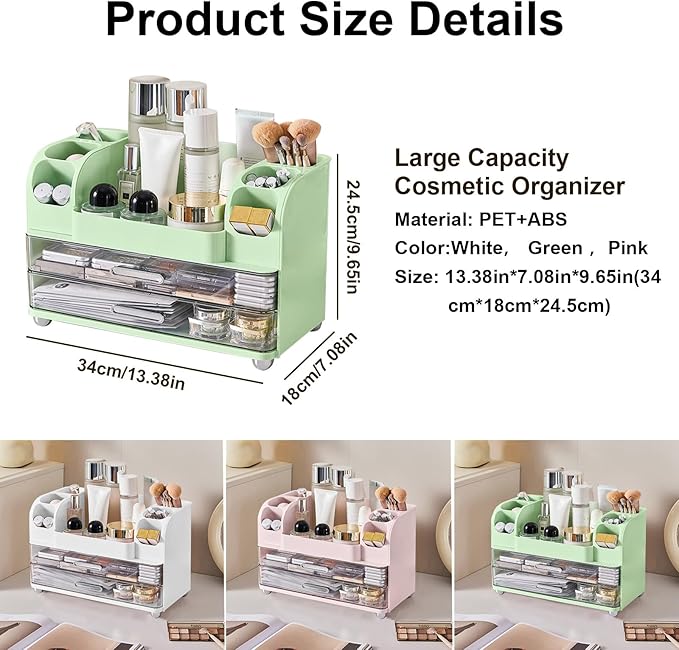 DASITON Large Capacity Makeup Organizer for Vanity with 2 Drawers, Skincare Organizers with Makeup Brush Holder, Cosmetic Display Case for Dresser Vanity Bathroom Countertop (Green)