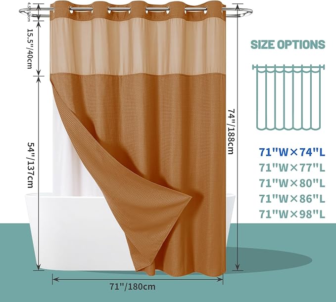BurntOrange No Hook Waffle Weave Shower Curtain with snap-in Liner Replacement, 230GSM Waterproof Fabric Hotel Shower Curtain Set for Bathroom, Through Mesh Top Window,71Wx74H