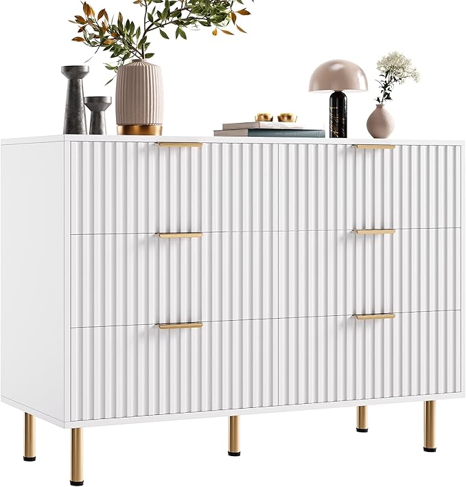 White 6 Drawer Dresser for Bedroom, Fluted 47.2" Wide Modern Chest of Drawers with Deep Drawers, Long Large Double Dresser TV Stand for Living Room, Hallway, Kids Room