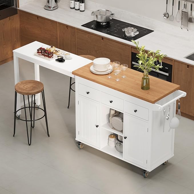 Ahomly Kitchen Island with Extendable Table for 2, 79.06" Extendable Kitchen Island Cart on Wheels with Storage Cabinet & 2 Open Shelves, Island Table for Kitchen with 3 Drawers, White