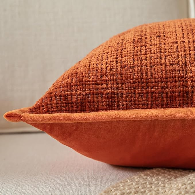 Yaertun Pack of 2 Chenille Textured Decorative Throw Pillow Covers Accent Solid Cushion Cover Soft Cozy Pillow Case with Velvet Back for Couch Sofa Bed Living Room 16x16 Inch Rust