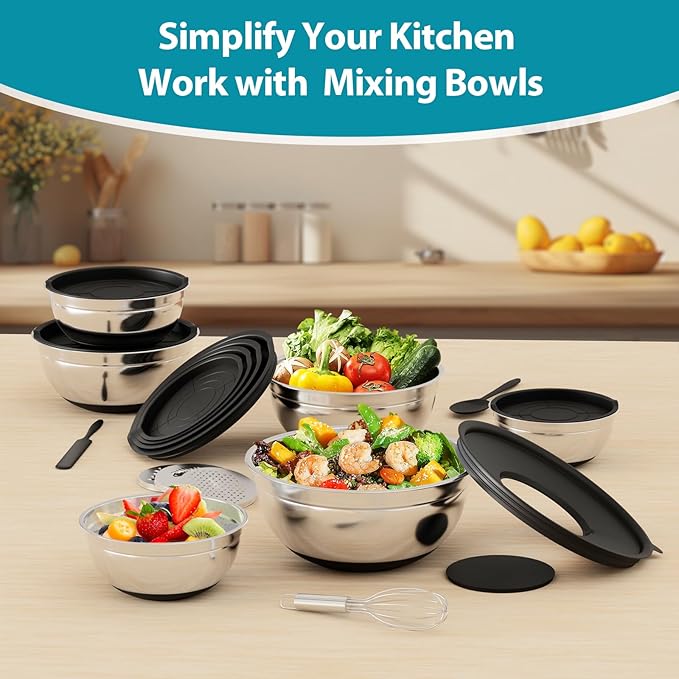 20-Piece Mixing Bowls Set with Airtight Lids – 6 Stainless Steel Kitchen Bowls (4.5QT, 4QT, 3.5QT, 2.1QT, 1.5QT, 1.1QT), 3 Grater Attachments, Non-Slip Silicone Bottoms, Perfect for Baking & Serving