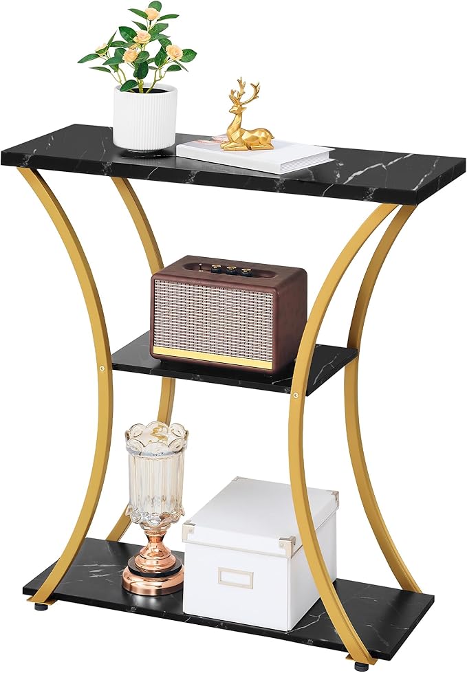 Hoctieon 3 Tier Console Table with Open Wood Shelves, Decorative Entryway Table with Curved Metal Frames, Narrow Sofa Table for Entrance, Living Room, Hallway, Gold and Black Marbled