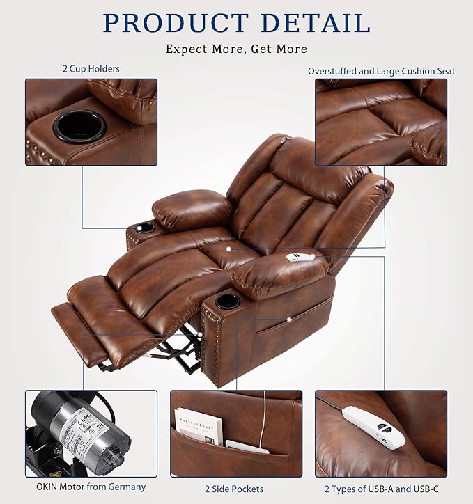 Large Power Lift Chair Recliner for Elderly with Heated and Massage, Overstuffed Adjustable Lift Chair, 3 Position, Breathable Leather, USB-A&USB-C, Cup Holder (Tall Man-7523, Brown)