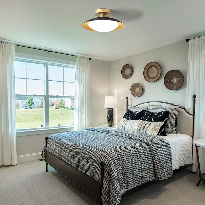 Dimmable Small Mid Century Modern Flush Mount Ceiling Light with Acrylic Shade,Black and Gold LED Ceiling Lights,5CCT 2700K-6000K Light Fxiture for Hallway Entryway Bedroom Kitchen Laundry Room 11.8in