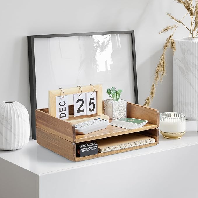 DRASTAR Paper Organizer Letter Tray, 2 Packs Acacia Wooden Stackable Letter Tray, A4 File Sorter Desk Organizer, Desk Organizers and Accessories for Home Office Supplies