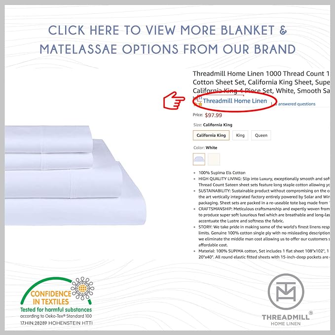 Threadmill 500 Thread Count Twin-XL Size 3 Pc Luxury Cotton Bed Sheet Set, Jacquard Floria Hotel White, Breathable Sheets with 15" Elasticized Deep Pocket, 1 Pillowcase & Free Tote Bag