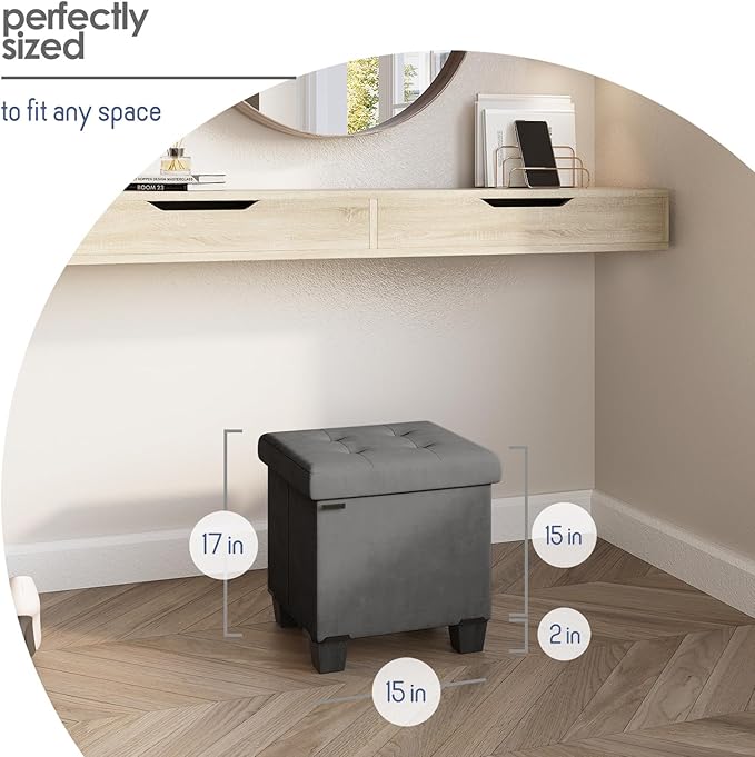 STORAGEBUD Storage Ottoman Cube with Small Bin, 15-in Square Ottoman with Storage for Living Room and Bedroom, Small Ottomans Foot Rest, Velvet Foot Stools Ottomans Max 330lbs, Grey