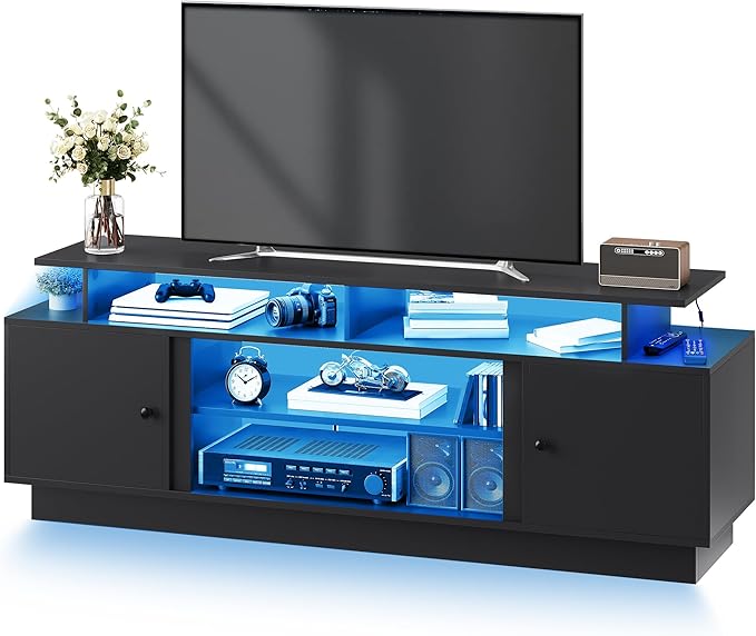 DWVO Modern TV Stand for 65/75 Inch TVs, Entertainment Center with LED Lights, TV Shelf with Storage Cabinets & Movable Partition, TV Console for Living Room, Black