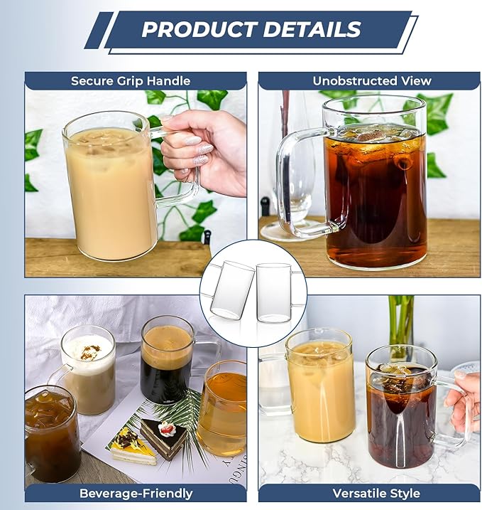 Aquach 4pcs 18 oz Clear Glass Coffee Mugs with Handle - Large Cups for Coffee, Tea, Latte, Cappuccino