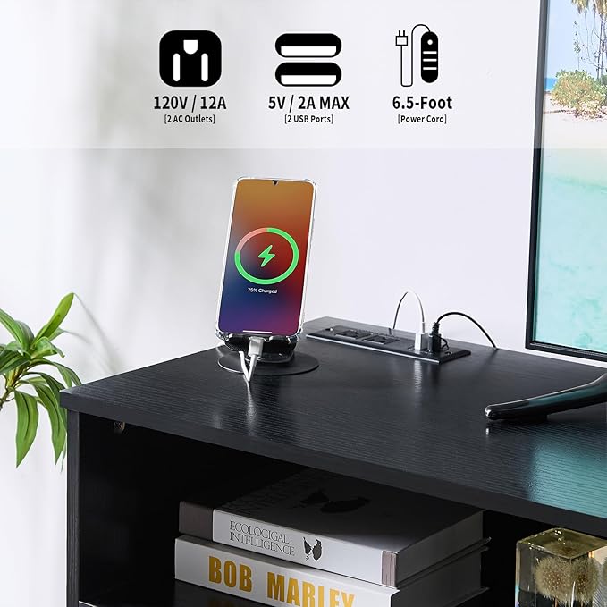 LIDYUK Dresser for Bedroom, Wood Dresser with 6 Drawers, Modern Minimalist Dressers & Chest of Drawers with Charging Station & LED Lights, 48 Inches TV Stand for Bedroom, Living Room, Black