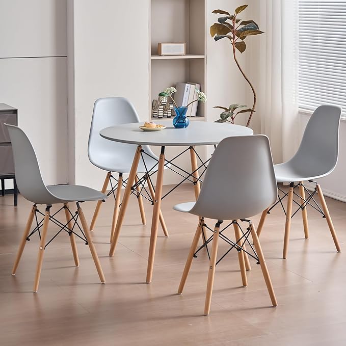 31.5'' 5 Piece Round Dining Table Set for 4, Mid-Century Modern Table with Chairs, Space Saving, Plastic Seats, Wood Legs, Circle Dinner Table for Kitchen, Home, Apartment, Gray