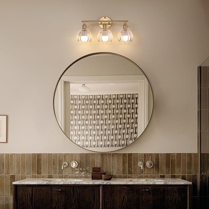 Battery Operated Bathroom Light Fixtures, 3-Light Brass Vanity Wall Light with 5000mAh Rechargeable Bulb Over Mirror with Clear Tulip Glass Shade for Bedroom Living Room