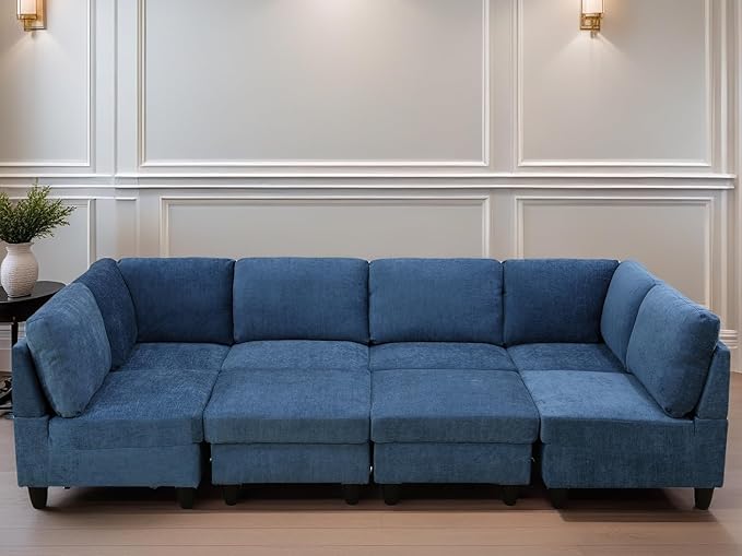 U Shaped Sectional Couch, Convertible Modular Sectional Sofa with Ottomans, 8 Seat Comfy Corner U Shaped Couch Lounge Modern Modular Couches for Living Room Apartment, Blue