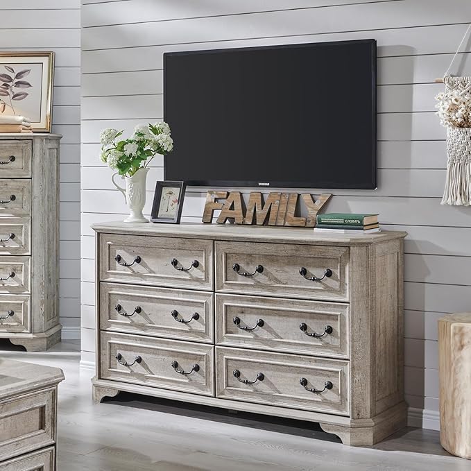 T4TREAM Farmhouse 6 Drawers Dresser for Bedroom, 54" Wide Wood Rustic Chest of Drawers with Natural Texture, Vintage Design, Storage Dressers Organizer for Bedroom, Living Room (Light Rustic Oak)