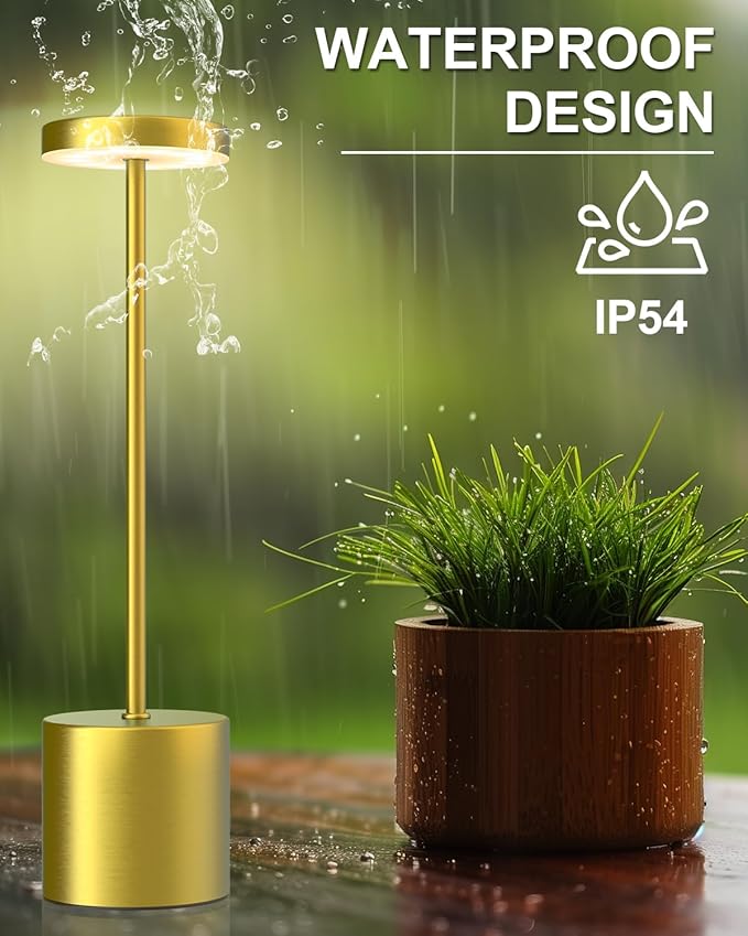 Cordless Table Lamps Rechargeable, Portable LED Desk Lamp, 5000mAh Battery Powered Wireless Table Light - 3 Color Dimmable Lighting for Restaurant Dining Patio Outdoor Bedroom(Gold)