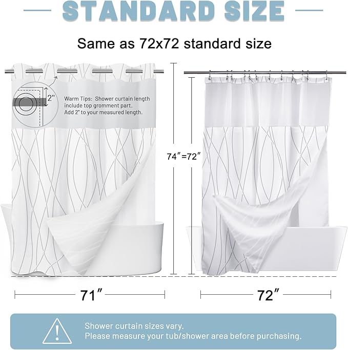 No Hook Grey Shadow Striped Shower Curtain with Snap in Liner Set - Hotel Shower Curtain and Liner Set with See Through Mesh Top Window,Machine Washable, 71x74 INCH