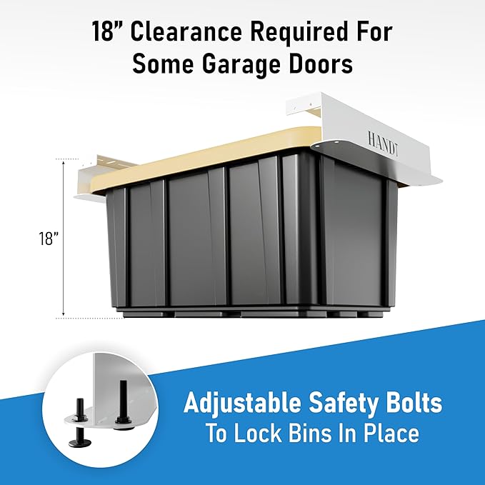 HANDT Overhead Garage Storage Rack, Connectable Heavy Duty Metal Ceiling Rails For Garage Storage Organization Shelving System, Hanging Racks For Tote Containers, Supports Up To 6 Bins, 4 Sets White