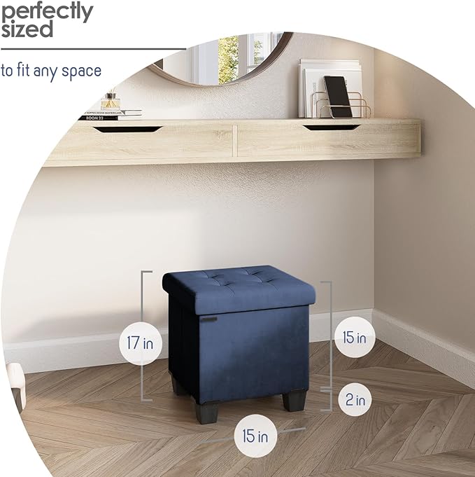 STORAGEBUD Storage Ottoman Cube with Small Bin, 15-in Square Ottoman with Storage for Living Room and Bedroom, Small Ottomans Foot Rest, Velvet Foot Stools Ottomans Max 330lbs, Blue