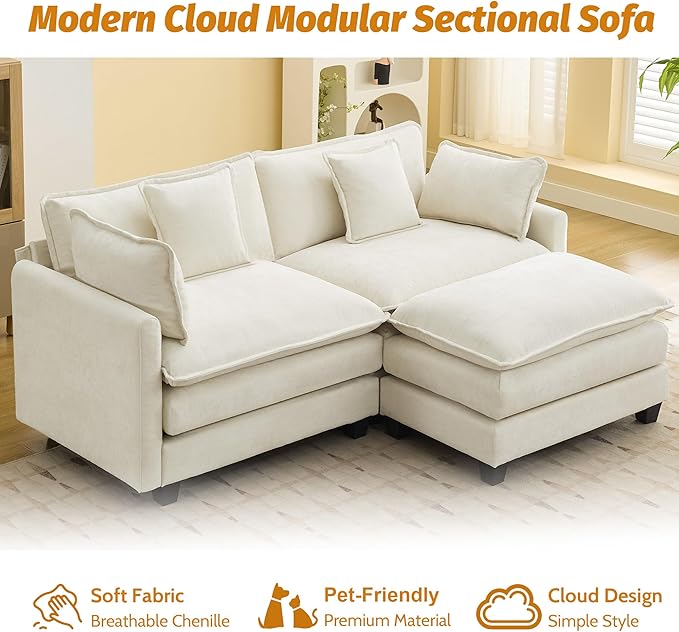 76'' Cloud Deep Seat Loveseat Sofa, Upholstered Chenille Modular 3-Seats Sectional Sofa Couch with Movable Ottoman, Modern Comfy Settee Loveseat for Living Room Set, Small Apartment, Beige