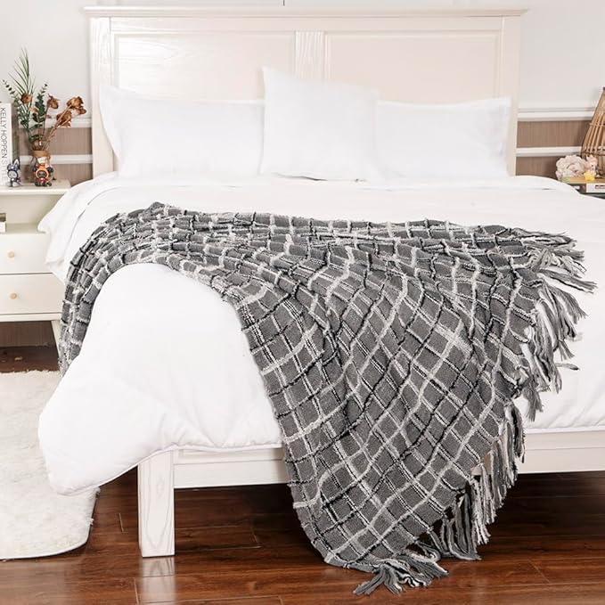 Gealaek Boho Throw Blanket Dark Grey Lightweight Fuzzy Soft Cozy Decorative Blankets for Sofa Bed Farmhouse Throw Blanket Mexcican Blanket with Tassel Black White Charcoal Textured 50" x 60"