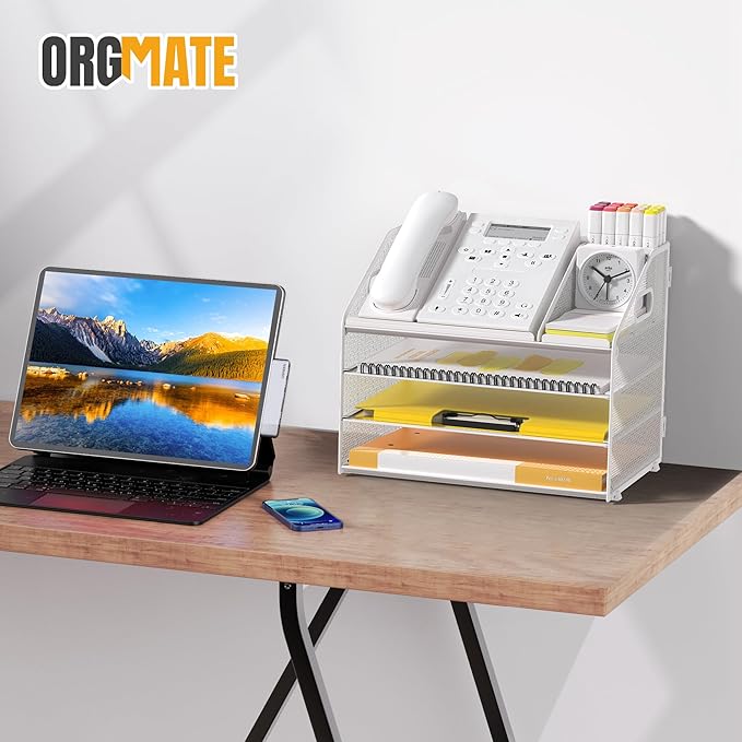 Letter Tray Paper, 4 Tier Desk Organizer with Pen Holder and Handle, Mesh File Organizer Paper Sorter Metal Desktop Document Shelf for Office Home Classroom - White