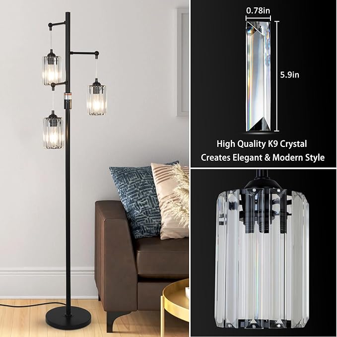 Black Modern Crystal Floor Lamp, 3 Lights Standing Lamp Dimmable, Industrial Tree Lamp with Crystal Shade, Dimmer Switch, 65" Tall Corner Floor Lamps for Living Room Bedroom Office Reading