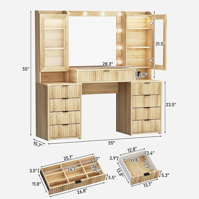 55" Fluted Makeup Vanity Desk with Large Mirror and Lights, Modern Glass Top Big Vanity Table with 9 Drawers & Open Storage Shelves, Dressing Table w/Charging Station for Bedroom, Oak