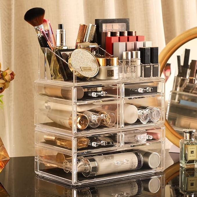 Cq acrylic 3 Pack Clear Makeup Organizer Countertop,Stackable 7 Drawers Skincare Organizer,Cute Skin Care Organizer for Vanity Hair Clip,Jewelry,Beauty Product Desk and Make Up Organizers for Vanity