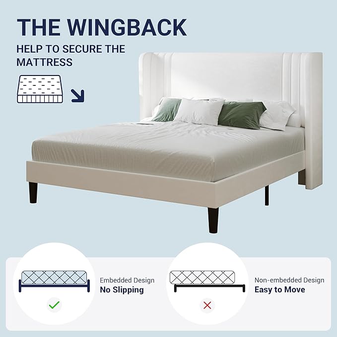 Allewie Queen Size Velvet Platform Bed Frame with Vertical Tufted Wingback Headboard, Easy Assembly, Under Bed Storage, No Box Spring Required, Modern Style, White