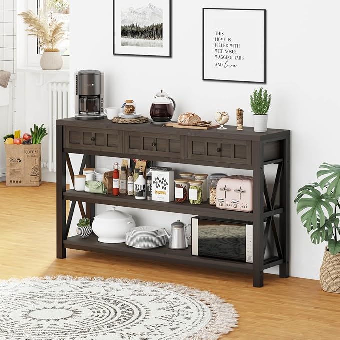 FATORRI Console Table with Storage for Entryway, Rustic Sofa Table with 3 Drawers for Living Room, Farmhouse Hallway Tables and Couch Tables Behind Sofa (54.72 Inch Long, Walnut Brown)