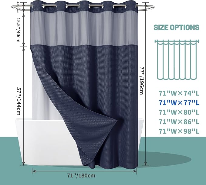 Navy No Hook Waffle Weave Shower Curtain with snap-in Liner Replacement, 230GSM Waterproof Fabric Hotel Shower Curtain Set for Bathroom, Through Mesh Top Window,71Wx77H
