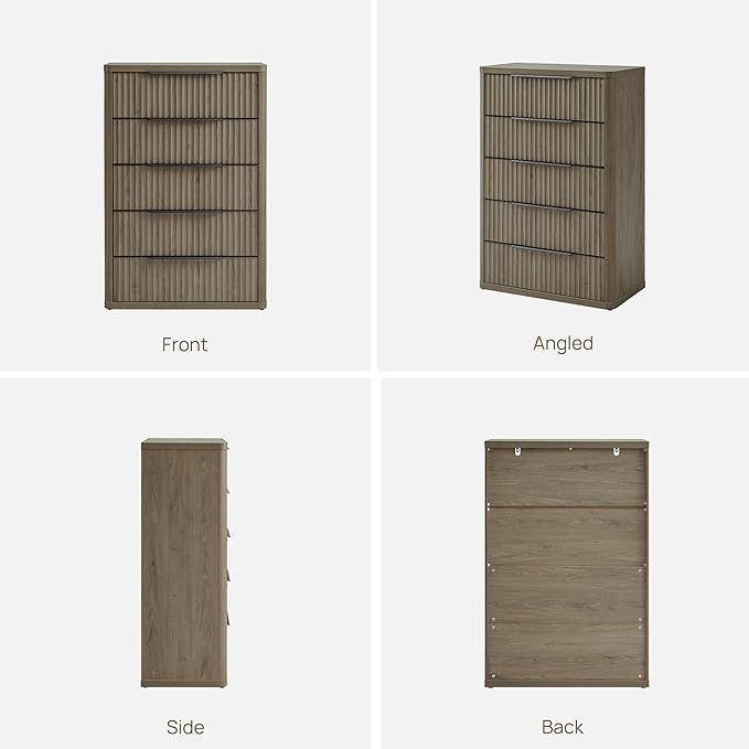 SICOTAS Dresser for Bedroom - Tall Dressers & Chests of Drawers with 5 Drawers Large Modern Dresser for Closet Fluted Wide TV Stand Clothes Closet Storage for Bedroom Hallway Entryway, Grey Alder