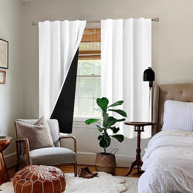 BGment Pure White 100% Blackout Curtains 63 Inches Long with Thermal Insulated Liner, Rod Pocket and Back Tab Double Layer Full Room Darkening Window Curtain for Bedroom, 2 Panels, Each 38 x 63 Inch