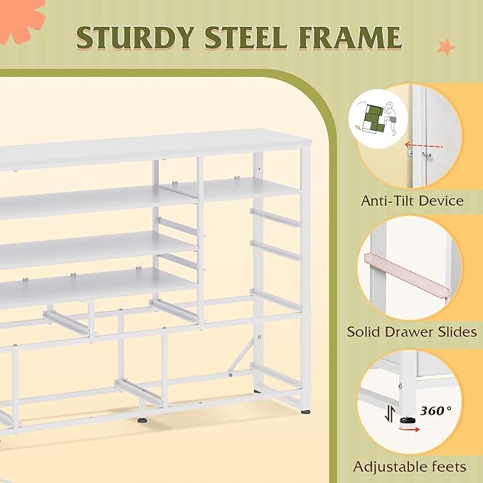 WLIVE White TV Stand for 55, 60, 65 inch TV, Entertainment Center with LED Lights & Charging Station, TV Media Console Table with 15 Fabric Drawers and Open Shelves for Living Room, Hallway, Wood Top