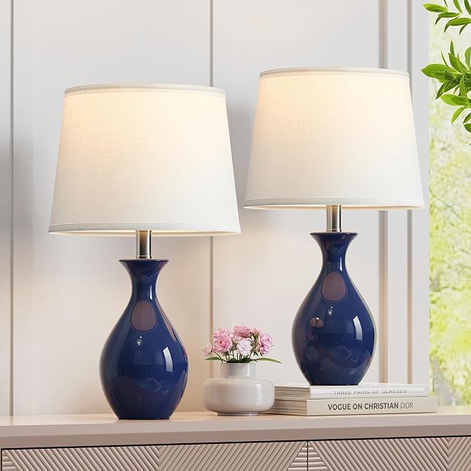 PARTPHONER Table Lamp Set of 2, Modern Ceramic Bedside Lamps for Night Stands, Classic Small Lamp Nightstand Lamp for Bedroom Living Room Desk End Table Rocker Navy Blue