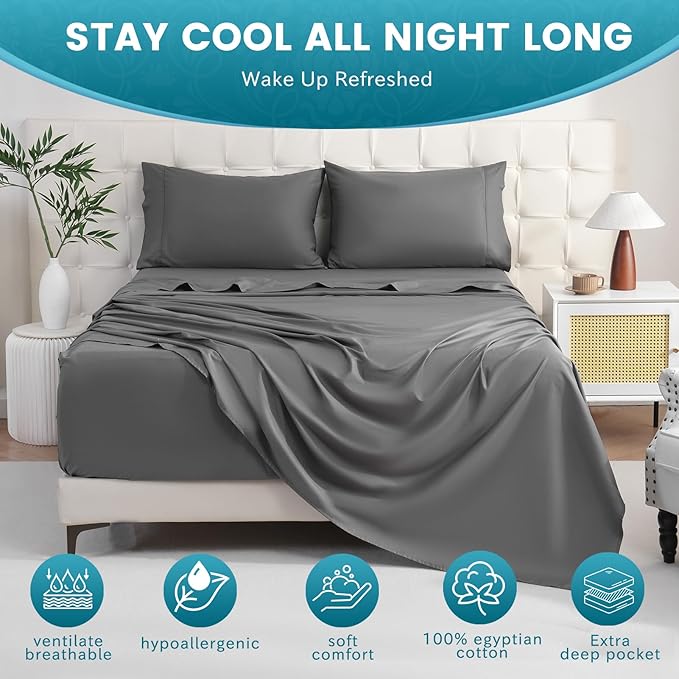 Bedlifes King Sheet Set, Extra Deep Pocket 18-24 Inches,1000Thread Count 100% Egyptian Cotton, Soft and Breathable Sateen 4-Piece, Dark Grey